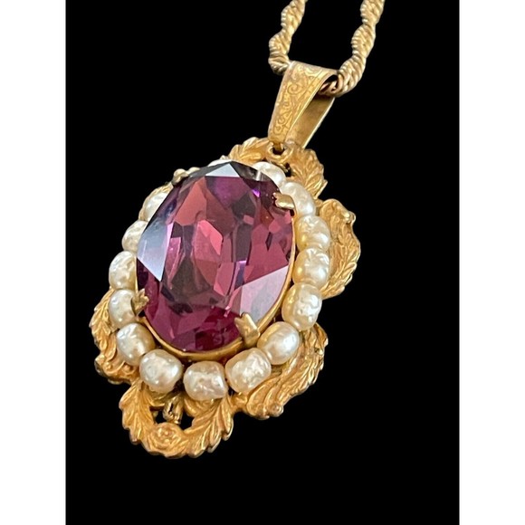 Rare Antique Signed Miriam Haskell Necklace Estate Amethyst Pearl Pendant Chain - Picture 3 of 16